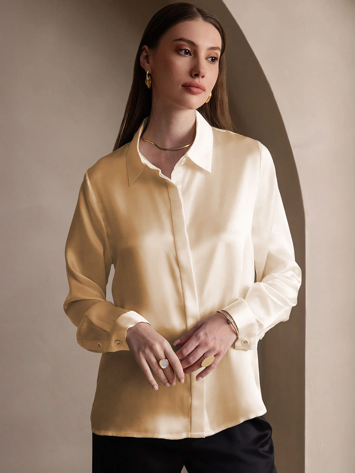 [Champagne] SilkSilky-SE 19Momme Silke Lapel Collar Damskjorta 005