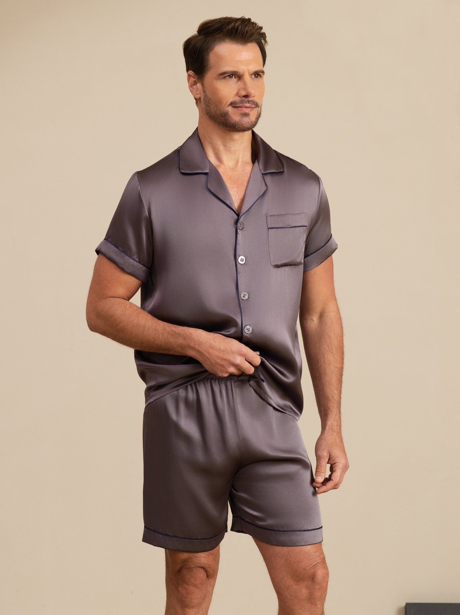 [Lila Grå] SilkSilky-SE Kort Ärm Notchkrage Herr Pyjama 006