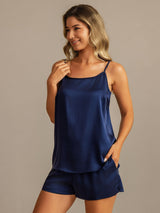 [Mörkblå] SilkSilky-SE 19Momme Silke Spaghetti Rem Camisole Set 007
