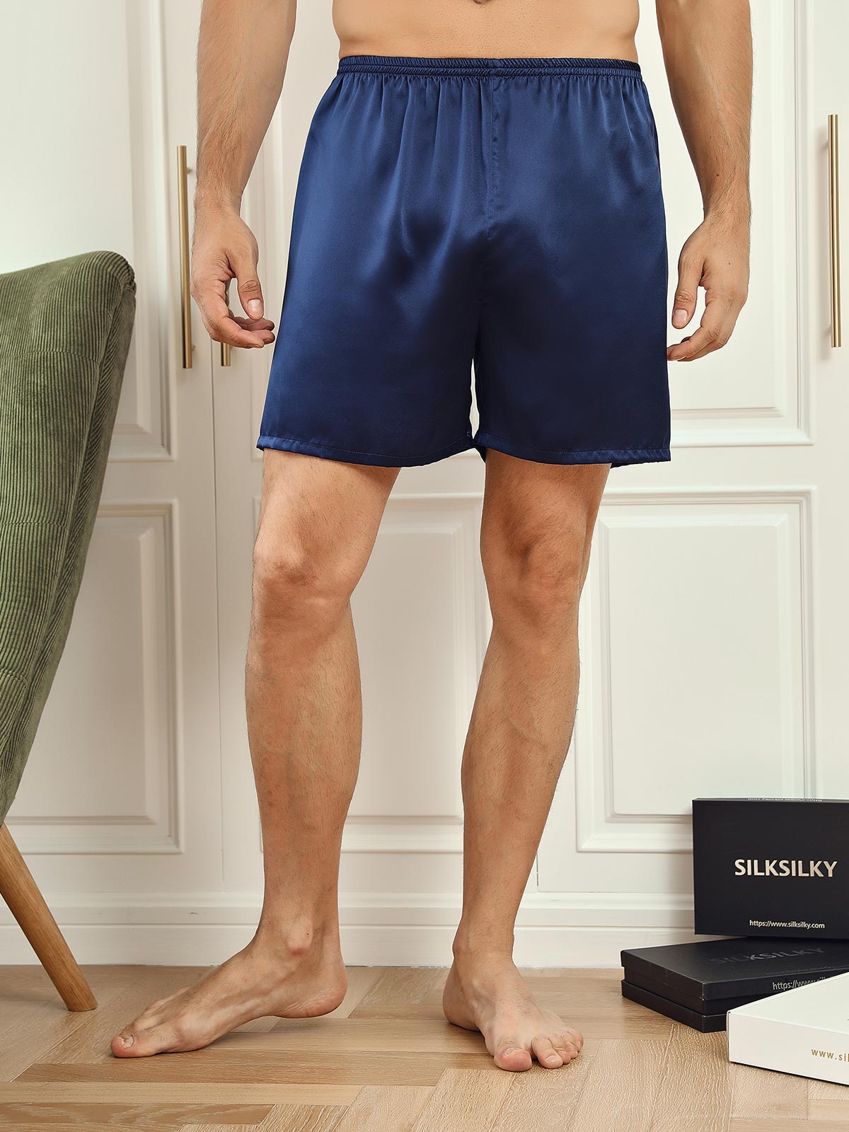 [Mörkblå] SilkSilky-SE 19Momme Mens Sleep Bottoms 003