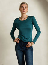 [Posy Grön] SilkSilky-SE Lång Ärm Rund Halsringning Dam T-Shirt 003