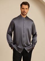 [Mörkgrå] SilkSilky-SE Long Sleeve Stand Collar Herrskjorta 001
