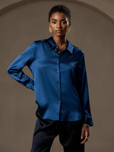 [Kungsblått] SilkSilky-SE Long Sleeve Lapel Collar Damskjorta 001
