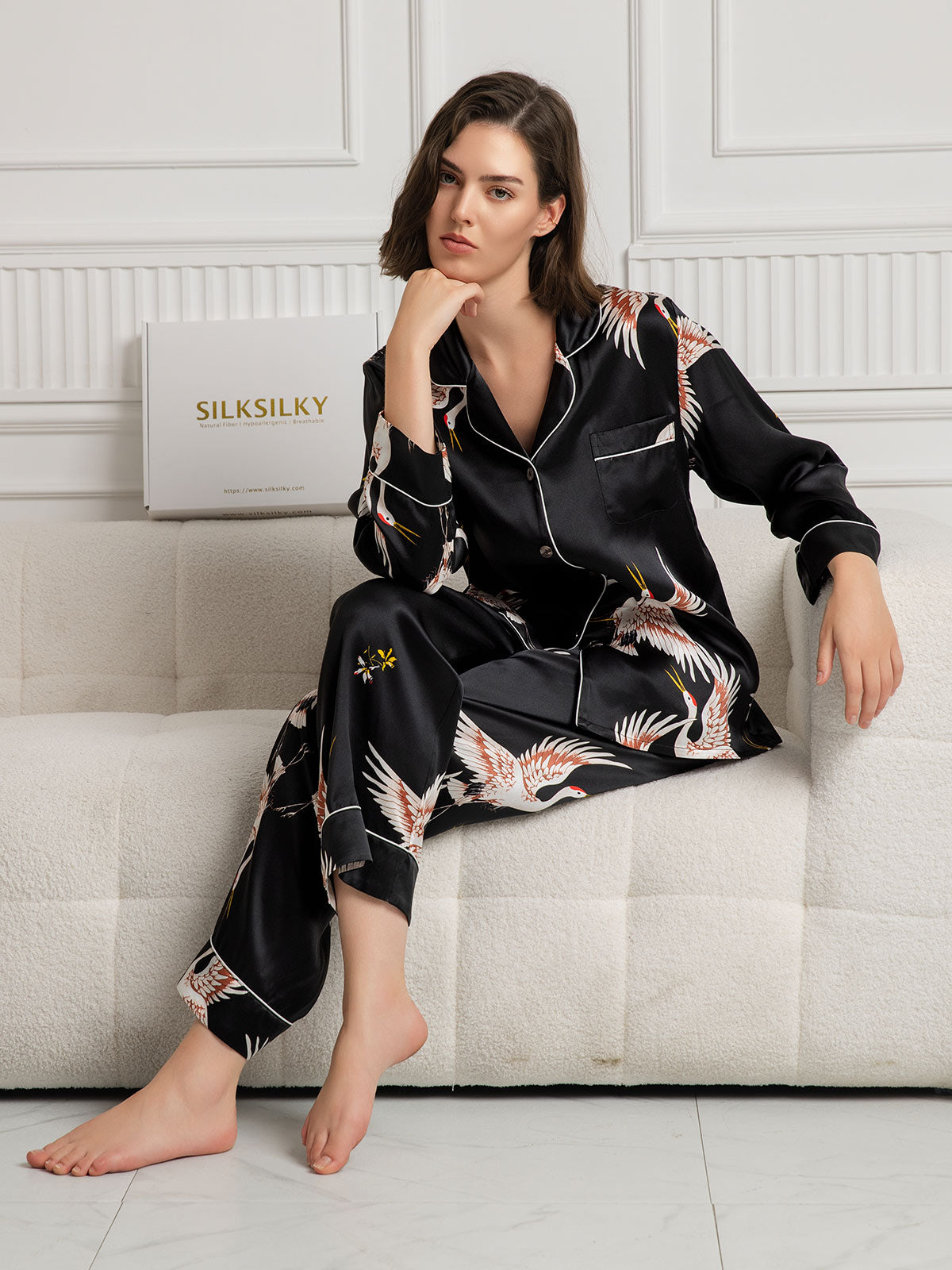 [Svart] SilkSilky-SE 19Momme Rent Silke Womens Pajamas 001