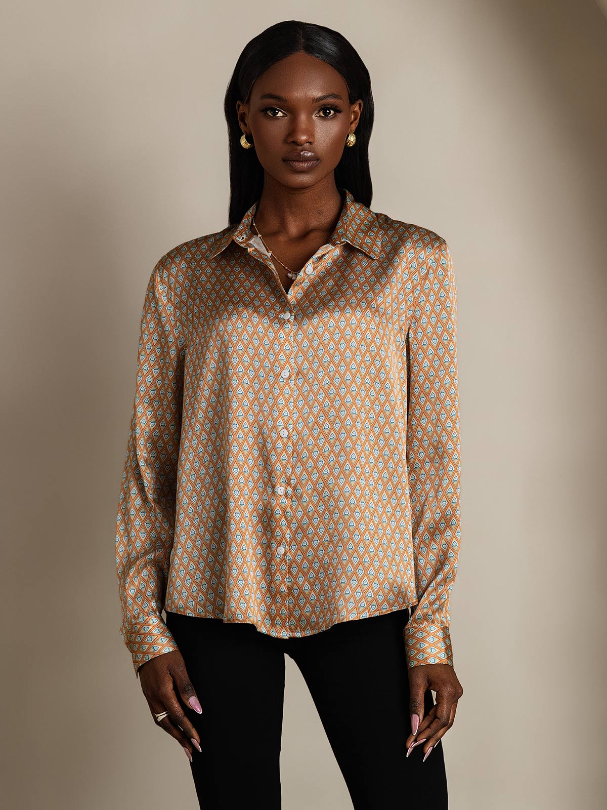 [Floral] SilkSilky-SE Lång Ärm Krage Damskjorta 005