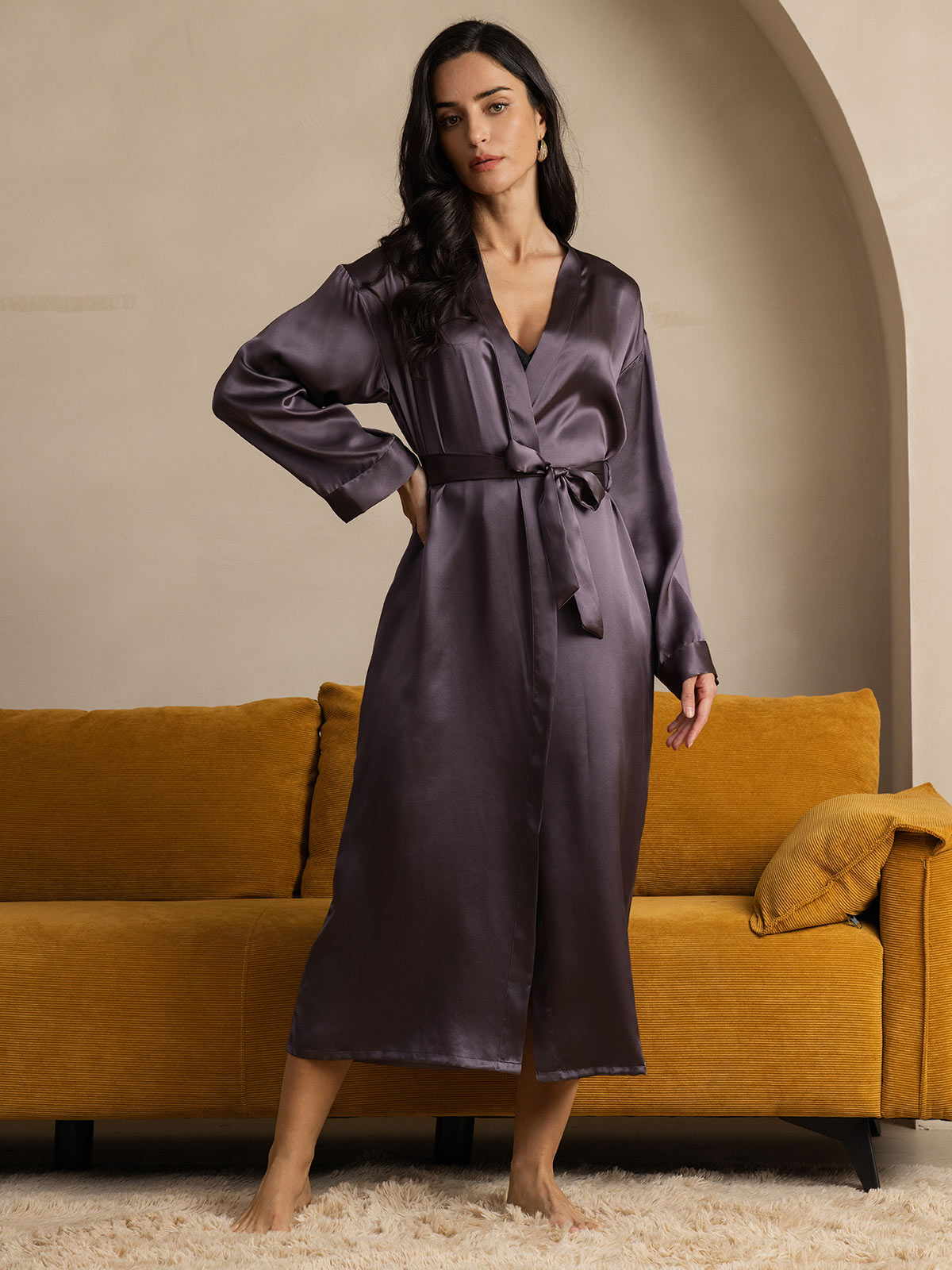 [Lila Grå] SilkSilky-SE Rent Silke Womens Robe 003