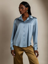 [Gråblå] SilkSilky-SE Long Sleeve Lapel Collar Damskjorta 001