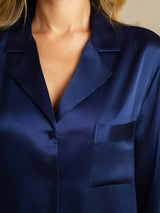 [Mörkblå] SilkSilky-SE Long Sleeve Lapel Collar Dam Sömnskjorta 006