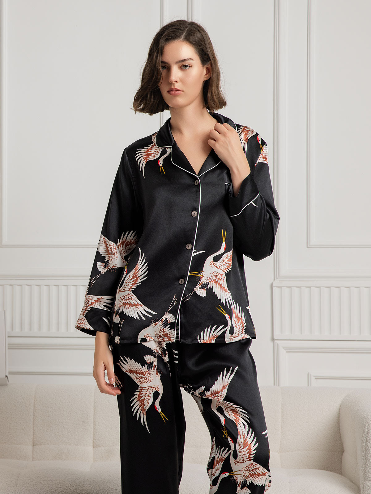 [Svart] SilkSilky-SE 19Momme Rent Silke Womens Pajamas 003