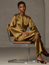 [Brun] SilkSilky-SE Long Sleeve Boat Neck Blus 007