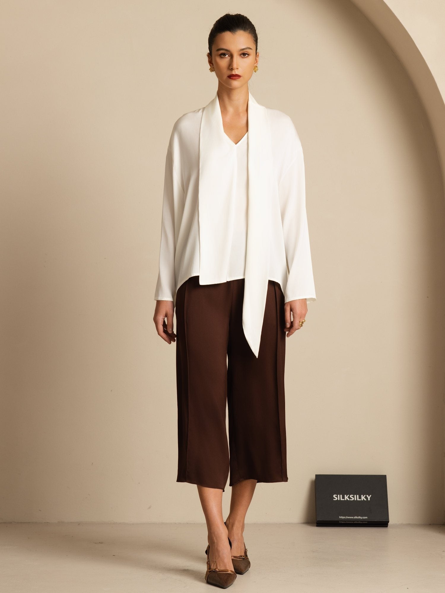 [Vit] SilkSilky-SE 19Momme Silke Lång Ärm V Ringning Blus 006