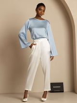 [Gråblå] SilkSilky-SE Long Sleeve Boat Neck Blus 007
