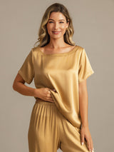[Tan] SilkSilky-SE 19Momme Kort Ärm Dam Pyjama 006