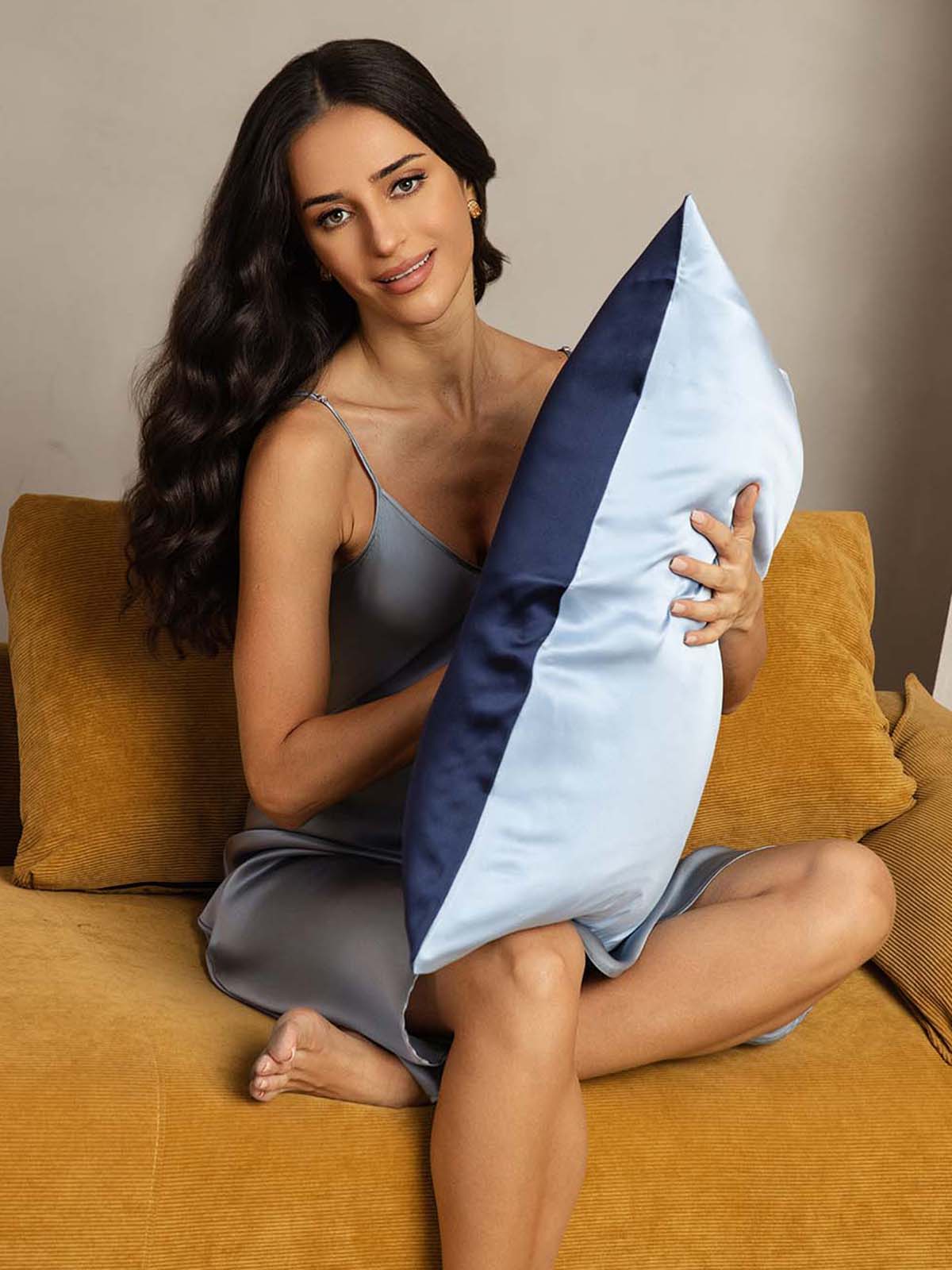 [Mörkblå+Ljusblå] SilkSilky-SE 22Momme Rent Silke Pillowcase 001