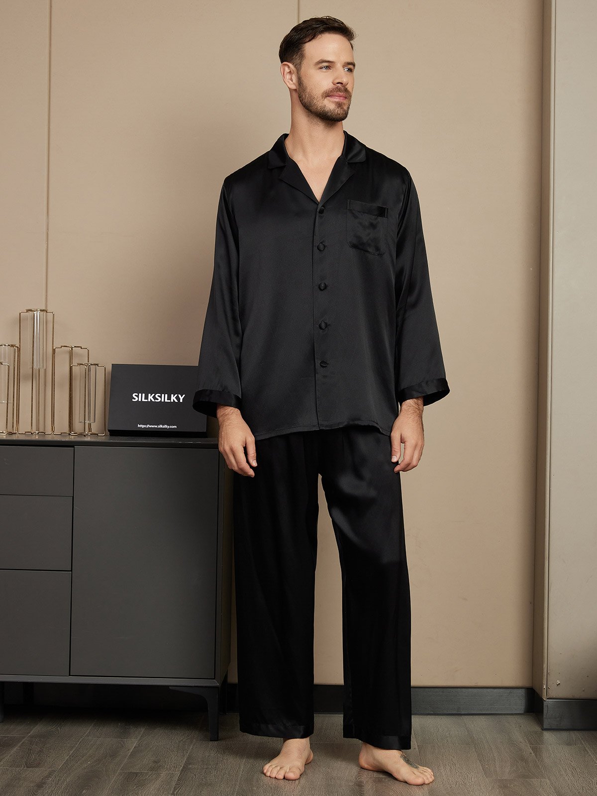 [Svart] SilkSilky-SE Rent Silke Mens Pajamas 001