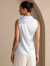 [Ljusblå] SilkSilky-SE Sleeveless Lapel Collar Damskjorta 002