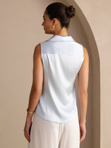 [Ljusblå] SilkSilky-SE Sleeveless Lapel Collar Damskjorta 002