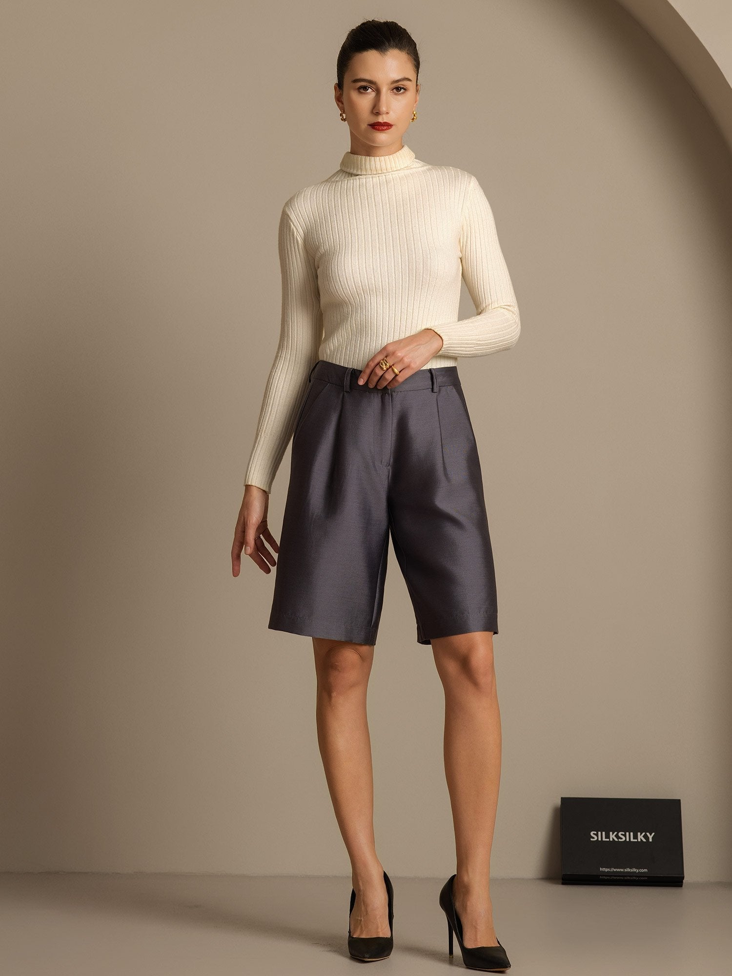 [Grå] SilkSilky-SE 32Momme Silk-Wool Blend Womens Shorts 006,