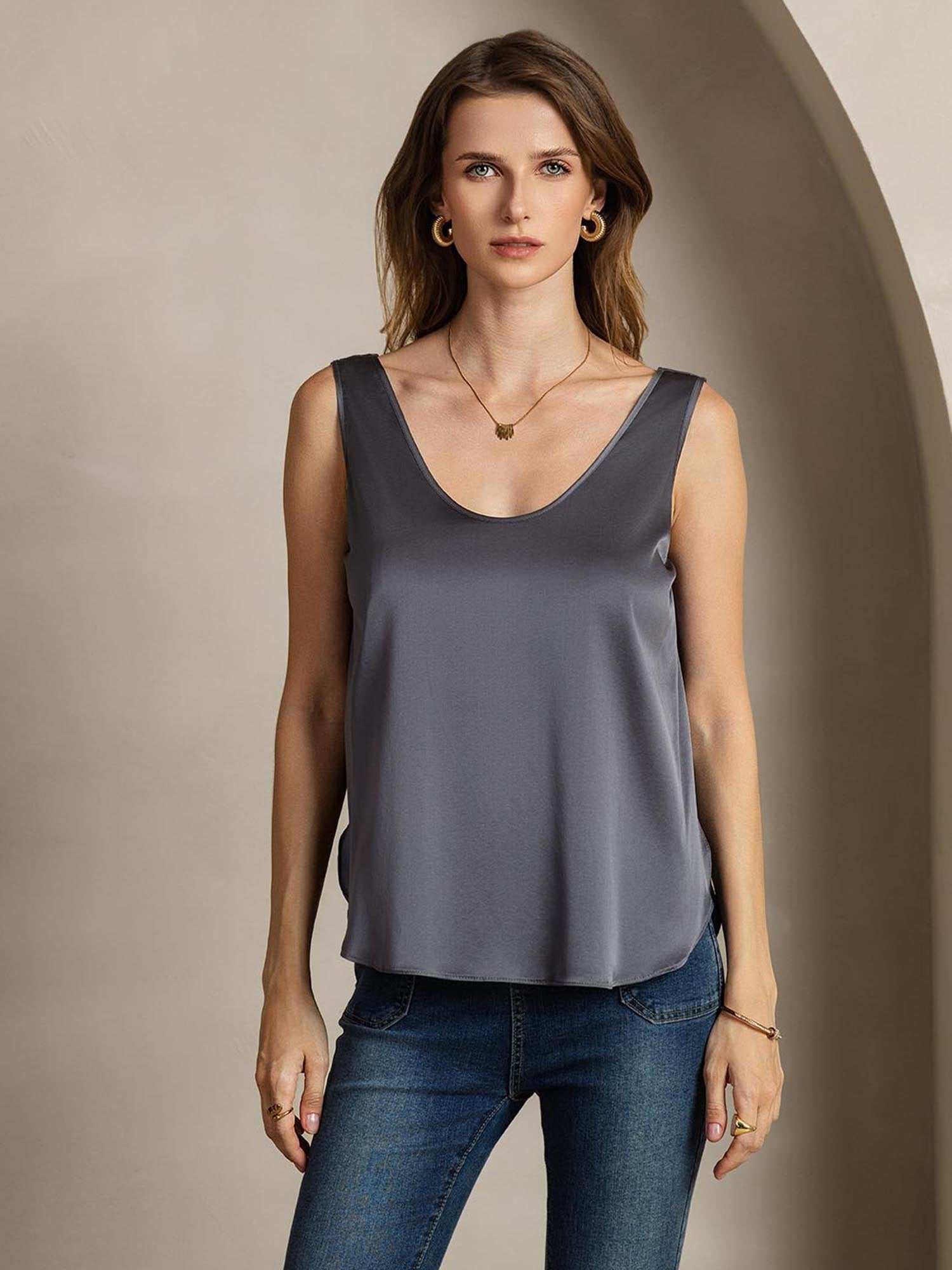 [Mörkgrå] SilkSilky-SE 19Momme Silke Womens T-Shirt 002