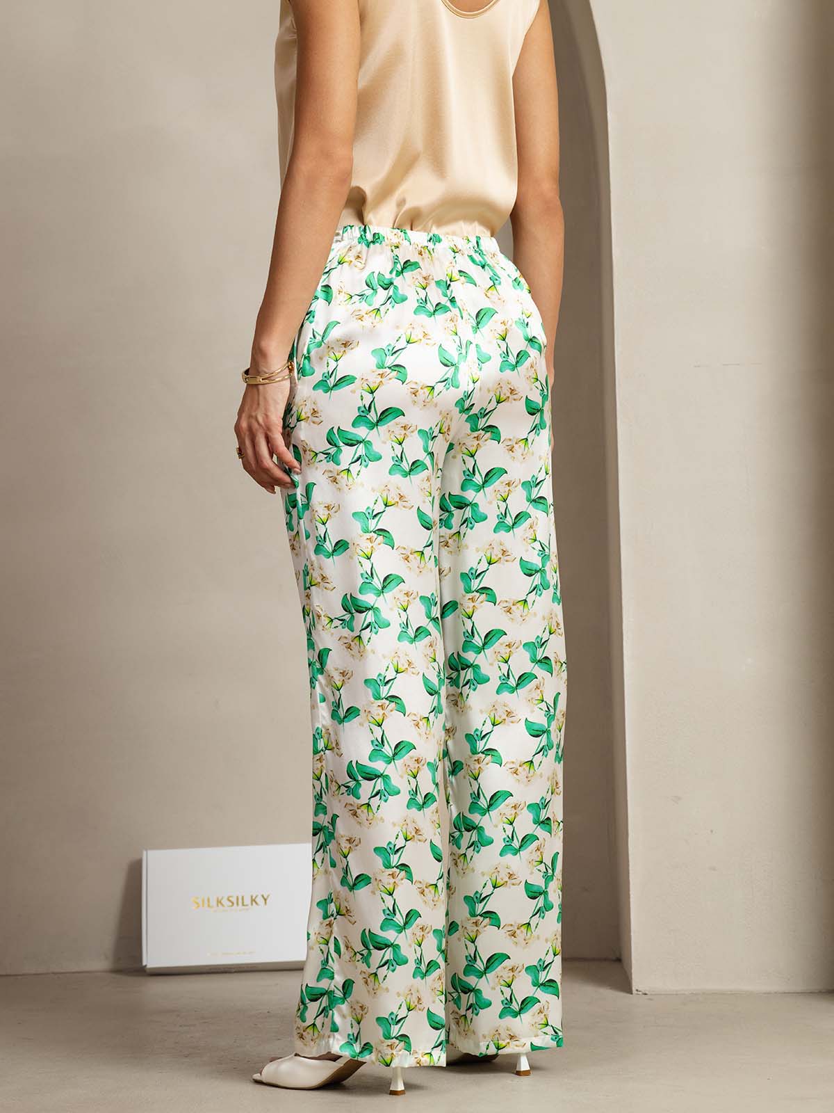 [Grön Blommor] SilkSilky-SE 19Momme Silke Womens Pants 002