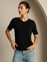 [Svart] SilkSilky-SE Kort Ärm V Ringning Dam T-Shirt 006