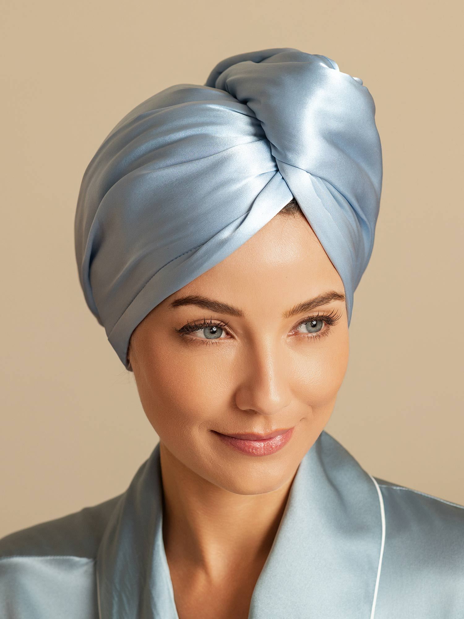 [Himmelsblå] SilkSilky-SE Rent Silke Hair Towel Wrap 003,