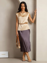 [Champagne] SilkSilky-SE Cap Sleeve Round Neck Dam T-Shirt 004