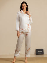 [Vit] SilkSilky-SE 19Momme Lång Ärm Notchkrage Dam Pyjama 005
