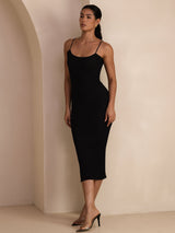 [Svart] SilkSilky-SE Spaghetti Strap Square Neck Klänning 006