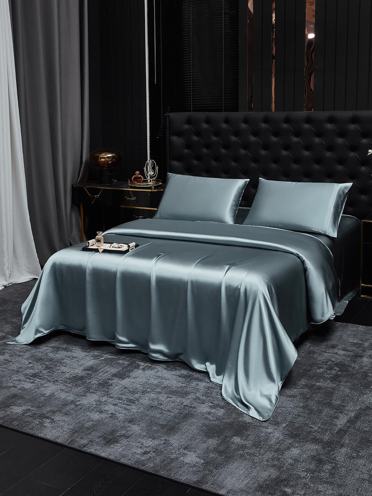 [Gråblå] SilkSilky-SE 19Momme Rent Silke Bedding Set 001,