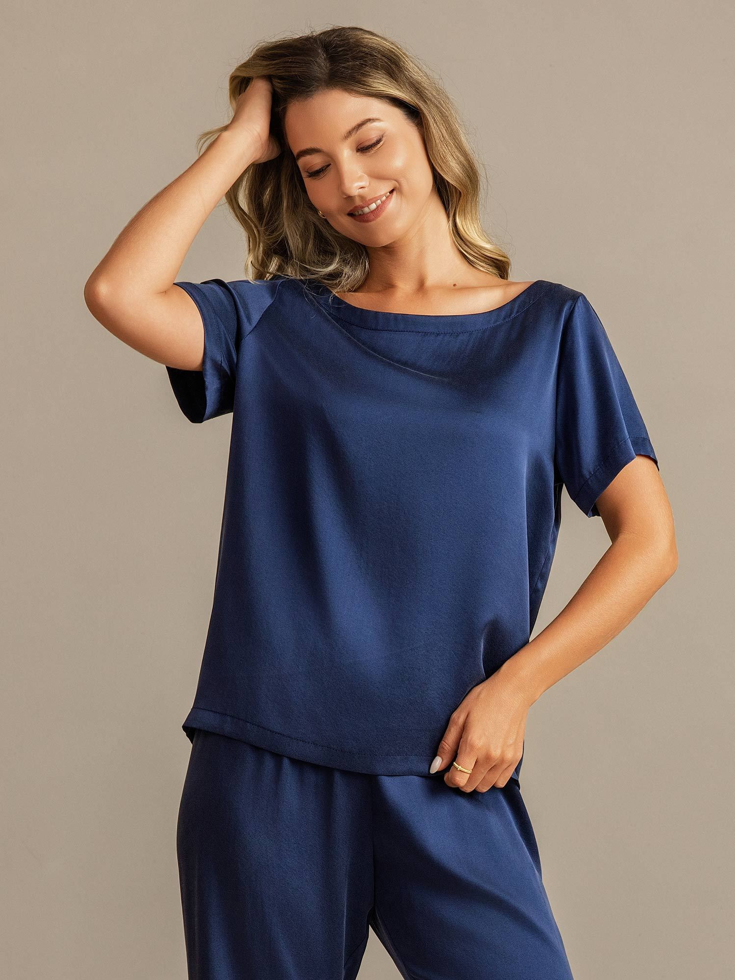 [Mörkblå] SilkSilky-SE 19Momme Silke Womens Pajamas 003