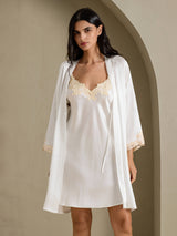 [Vit] SilkSilky-SE 3/4 Sleeve V Neck Dam Nattlinne&Morgonrock Set 003