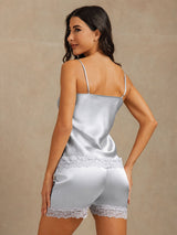 [Gråblå] SilkSilky-SE Spaghetti Strap V Neck Camisole Set 002