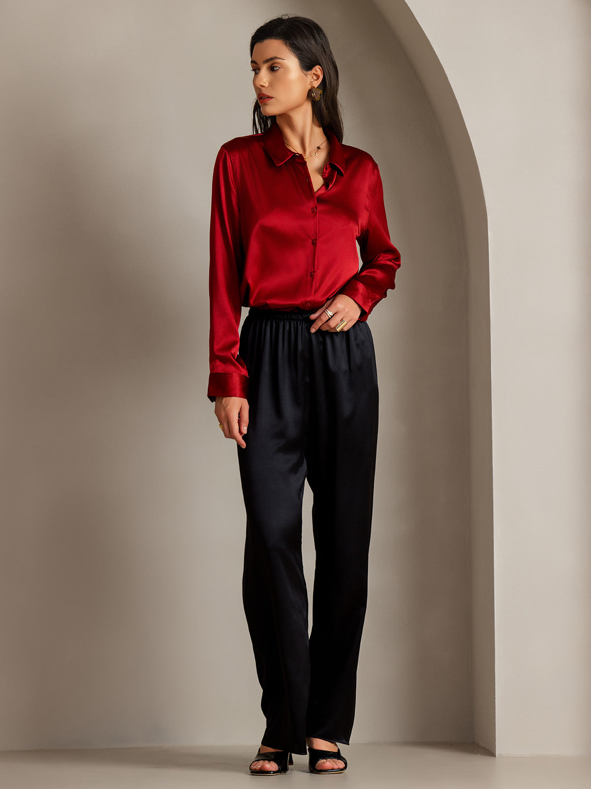 [Röd] SilkSilky-SE Silke Lång Ärm Krage Damskjorta 006