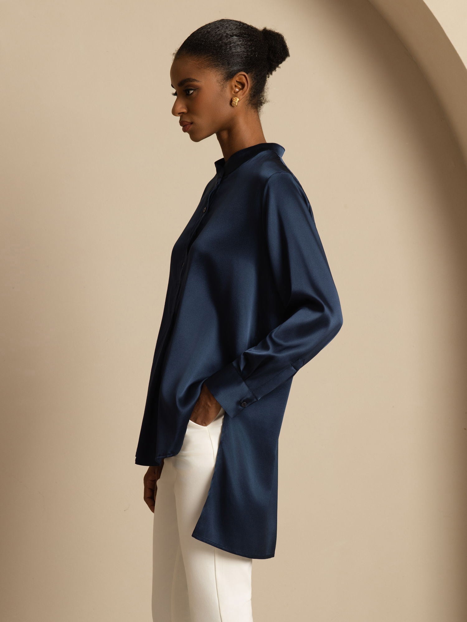 [Mörkblå] SilkSilky-SE 19Momme Silke Lång Ärm Ståkrage Blus 003