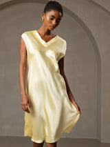 [Gul] SilkSilky-SE Cap Sleeve V Neck Nattlinne 003