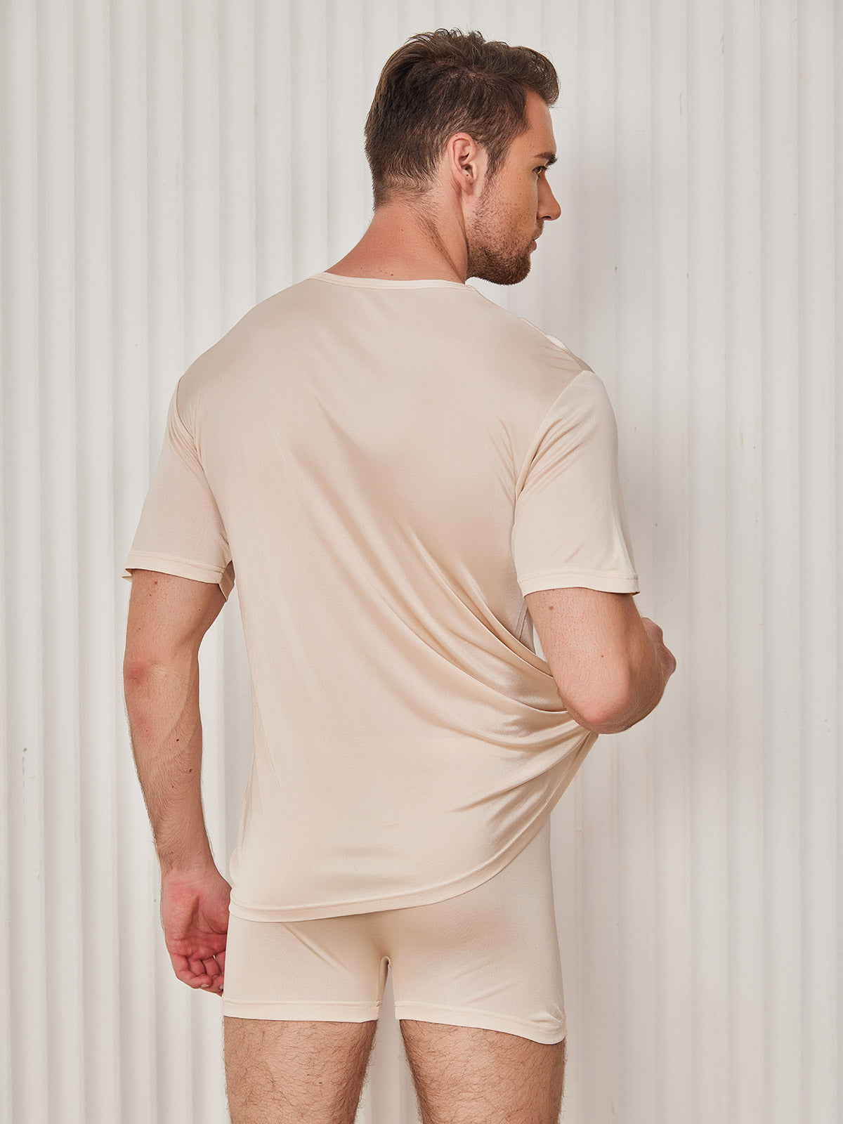 SilkSilky-SE Silke Stickad Kort Ärm Mens T-Shirt Beige 002