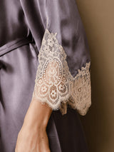 [Lila Grå] SilkSilky-SE 3/4 Sleeve V Neck Dam Nattlinne&Morgonrock Set 007