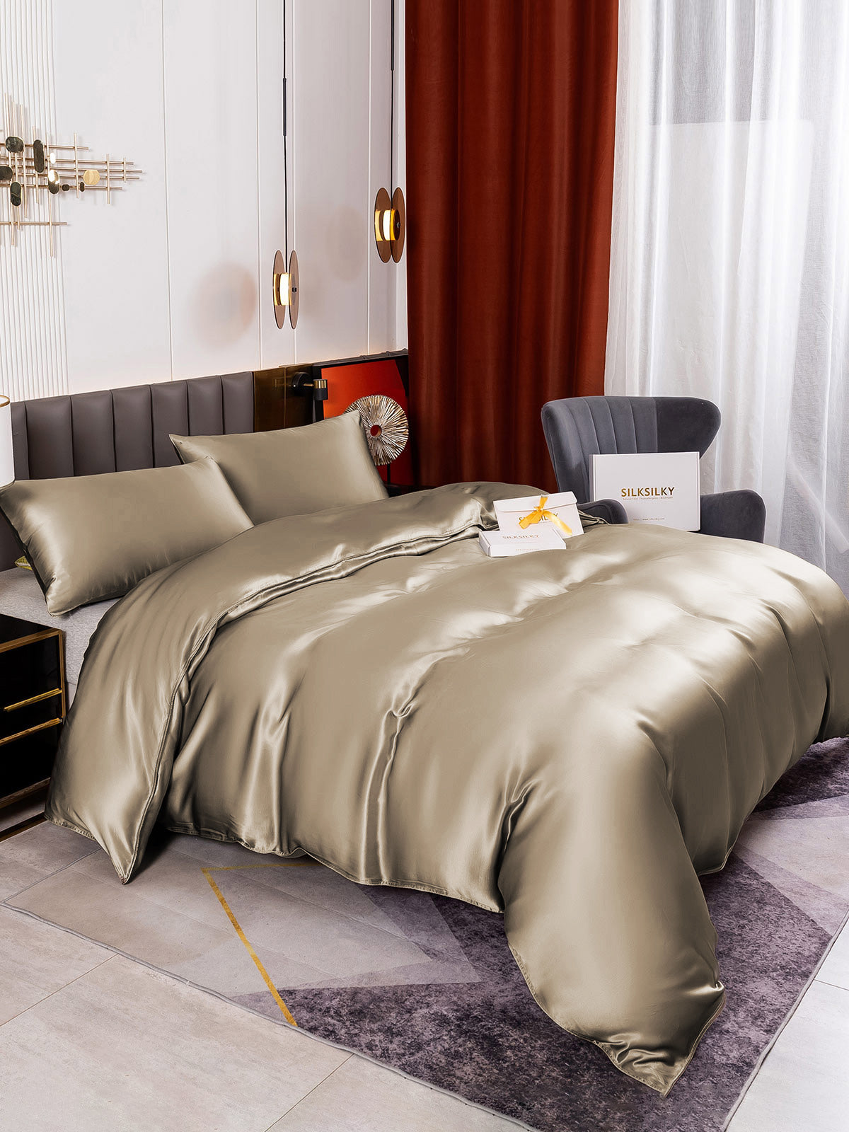 SilkSilky SE 19Momme Rent Silke Bedding Set Kaki 003