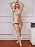 SilkSilky-SE Rent Silke V-Hals Plus Storlek Camisole Set Champagne 006