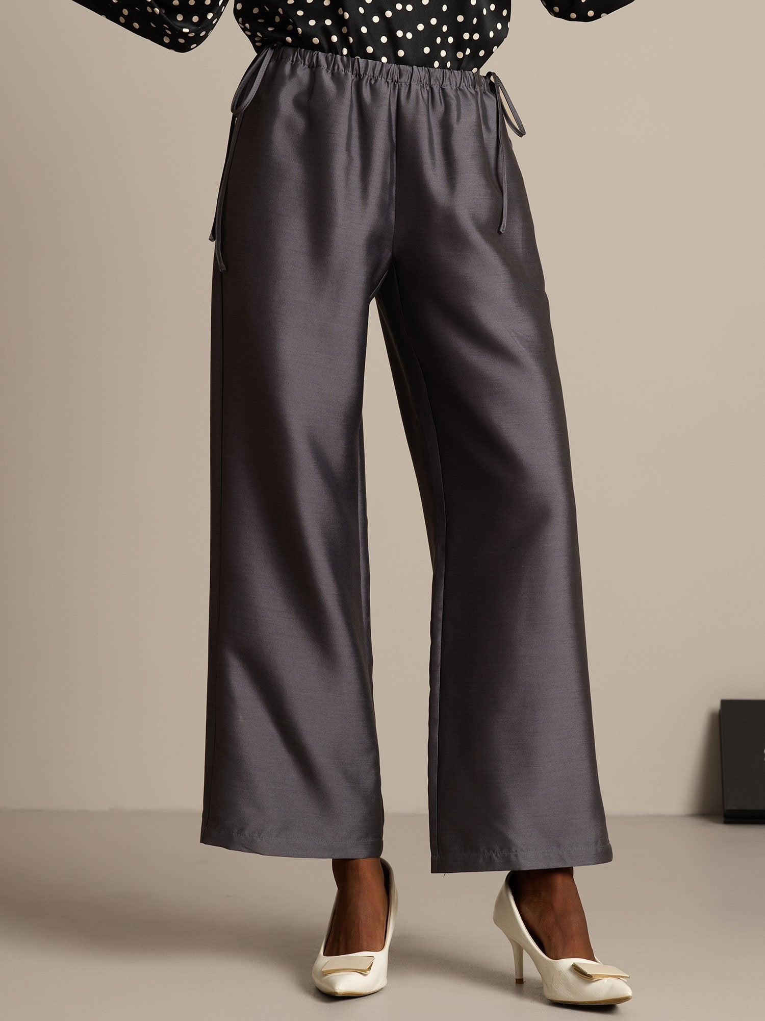 [Grå] SilkSilky-SE 32Momme Silk-Wool Blend Womens Pants 005,