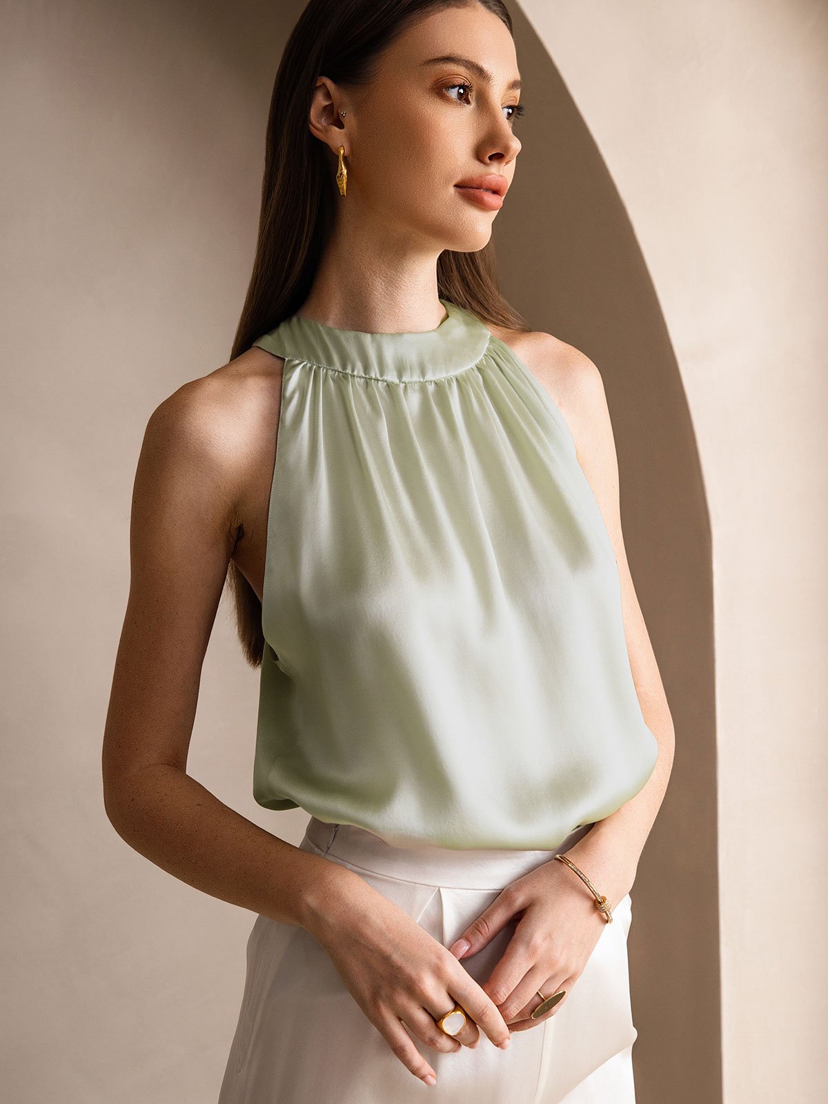 [Ljusgrön] SilkSilky-SE 19Momme Silke Womens T-Shirt 003