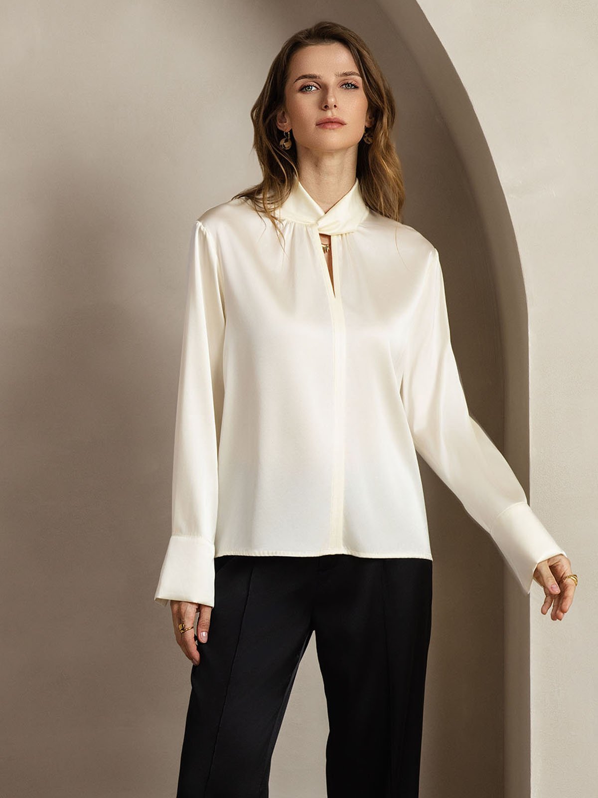 [Elfenben] SilkSilky-SE 19Momme Silke Womens Shirt 009
