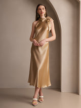 [Champagne] SilkSilky-SE 19Momme Stretch Silk Charmeuse Sleeveless Halter Klänning 001