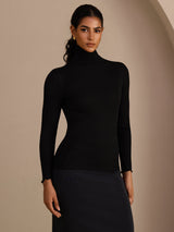 [Svart] SilkSilky-SE Long Sleeve Turtle Neck Dam T-Shirt 003