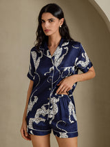 [Marinblå Gepard] SilkSilky-SE Short Sleeve Notch Collar Dam Pyjama 005