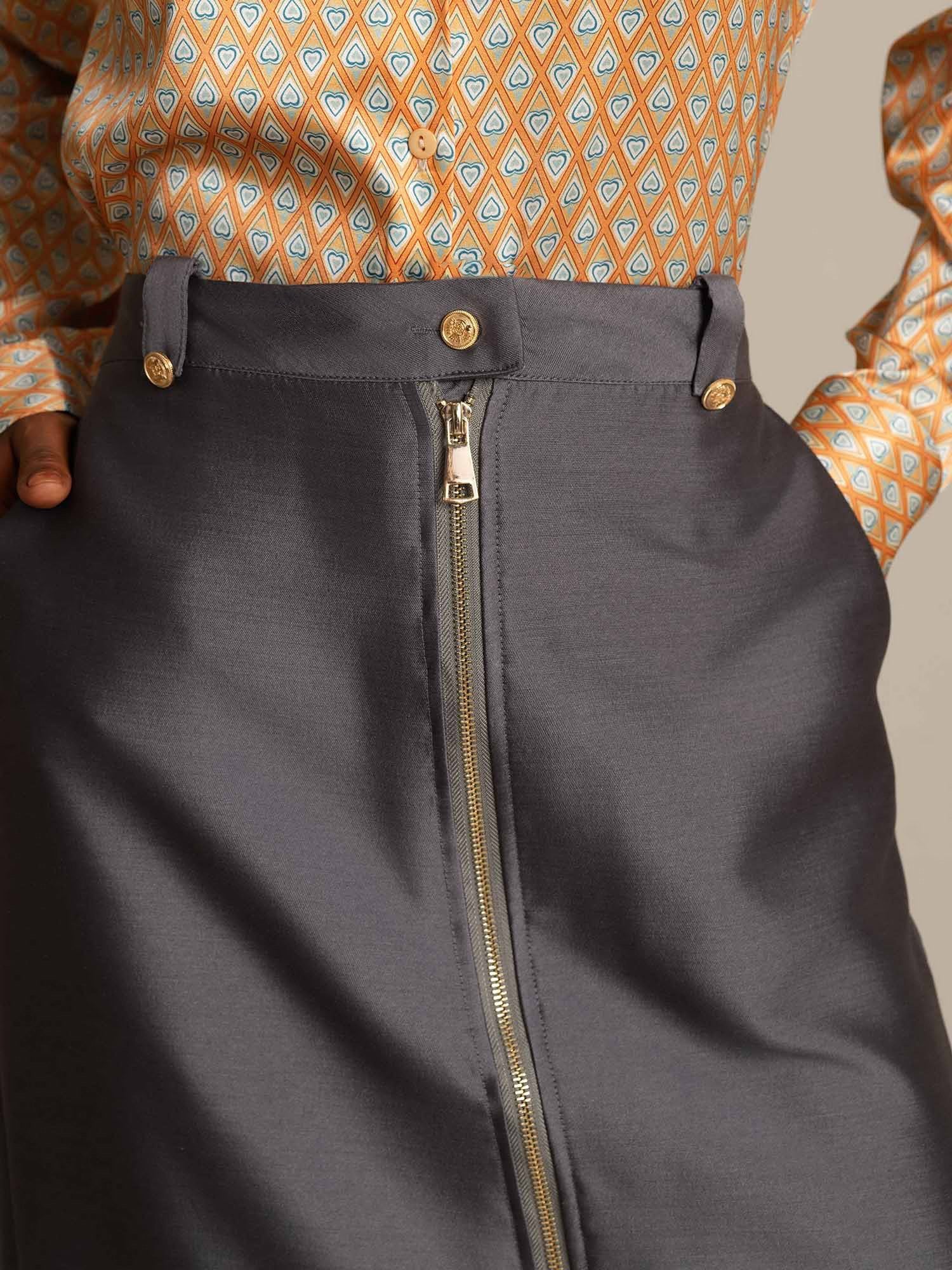 [Grå] SilkSilky-SE 32Momme Silk-Wool Blend Skirt 004,