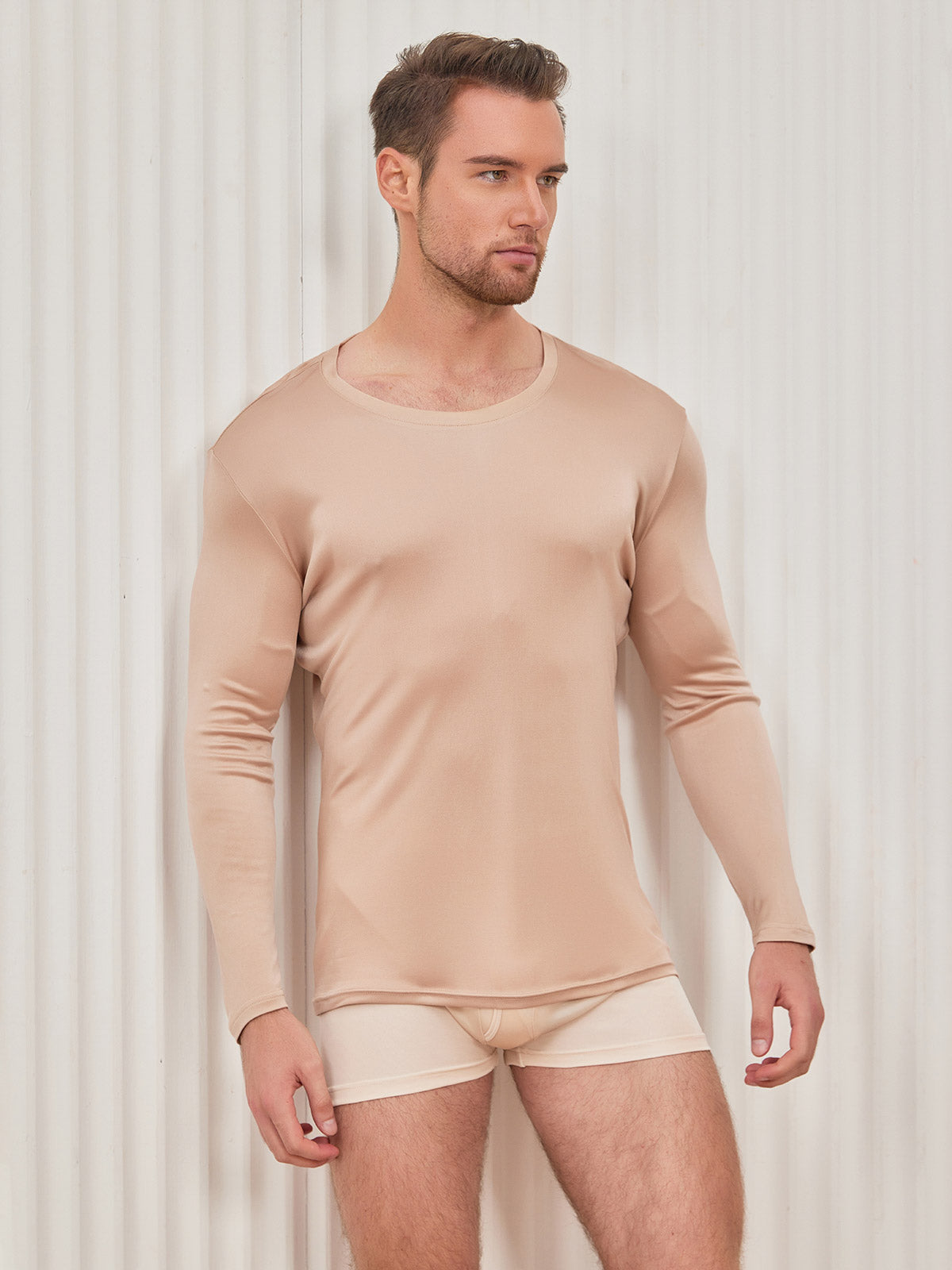 [Beige] SilkSilky-SE Silke Stickad Mens T-Shirt 004