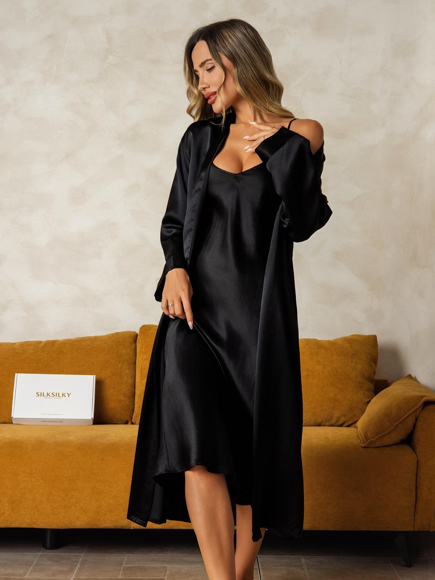 [Svart] SilkSilky-SE Rent Silke Nightgown&Robe Set 003