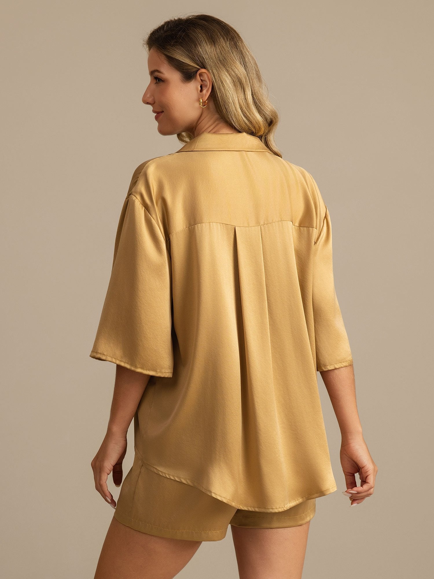 [Tan] SilkSilky-SE 19Momme Rent Silke Krage Dam Pyjama 002,